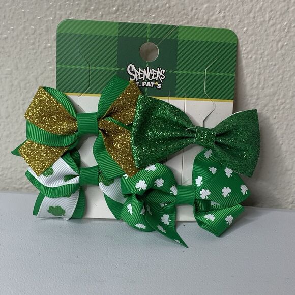 Spencer’s St Pat Patricks Day Ribbon Hair Bows Sparkle Green 4 Pk - Picture 1 of 3